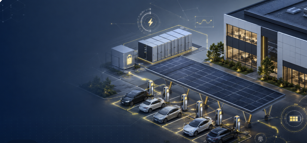 EV-polnilna infrastruktura na poslovni lokaciji: polnilnice, sončna elektrarna, hranilnik in pametno upravljanje